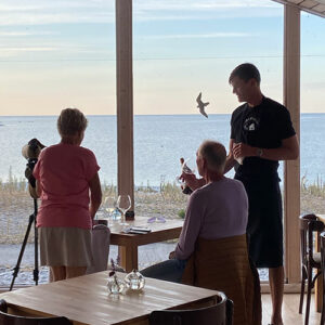 Restauranggäster och servitör beundrar utsikten över havet från restaurangens fönster.